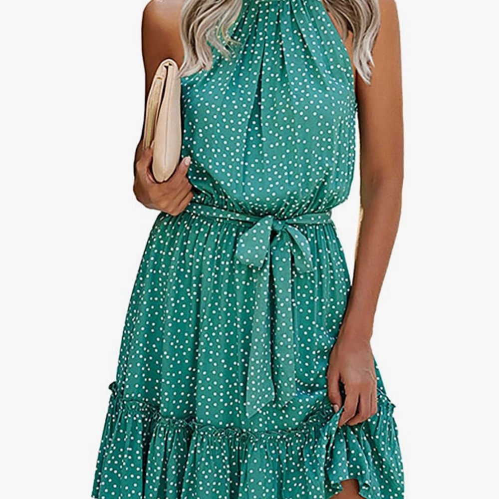 Casual Summer Sleeveless Halter Neck Polka Dot Dress
